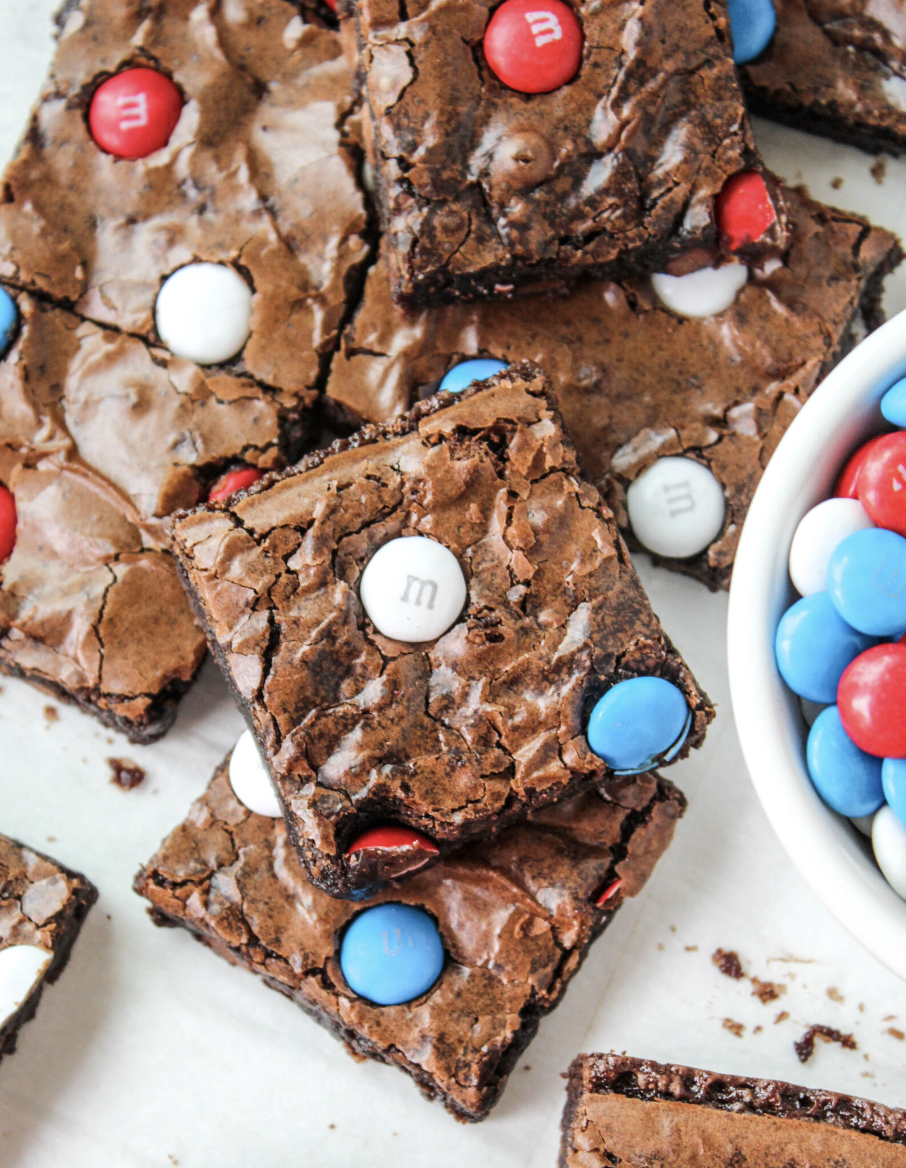 Brownies topped with red, white and blue candies