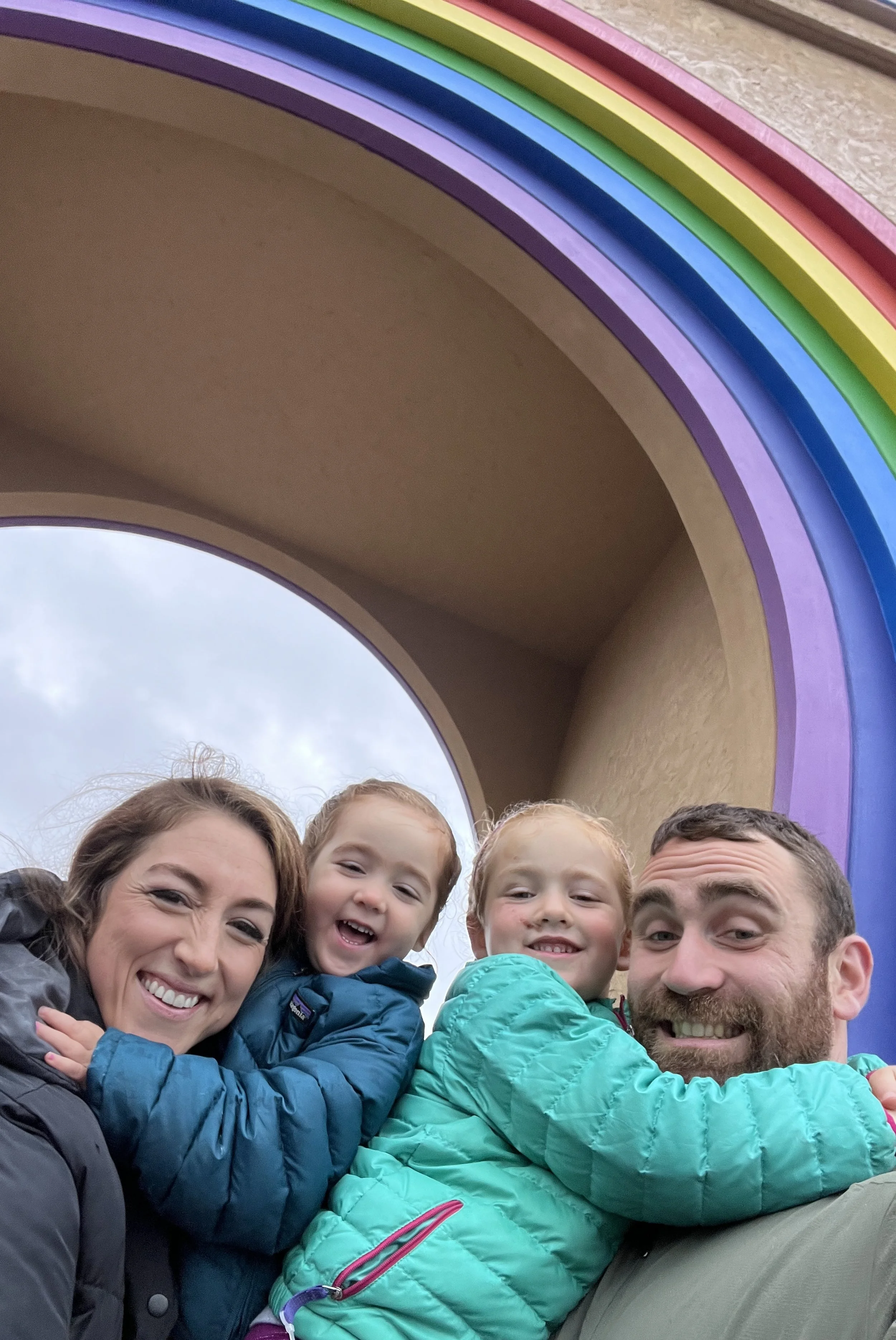 Family selfie under the rainbow at the Ark Encounter