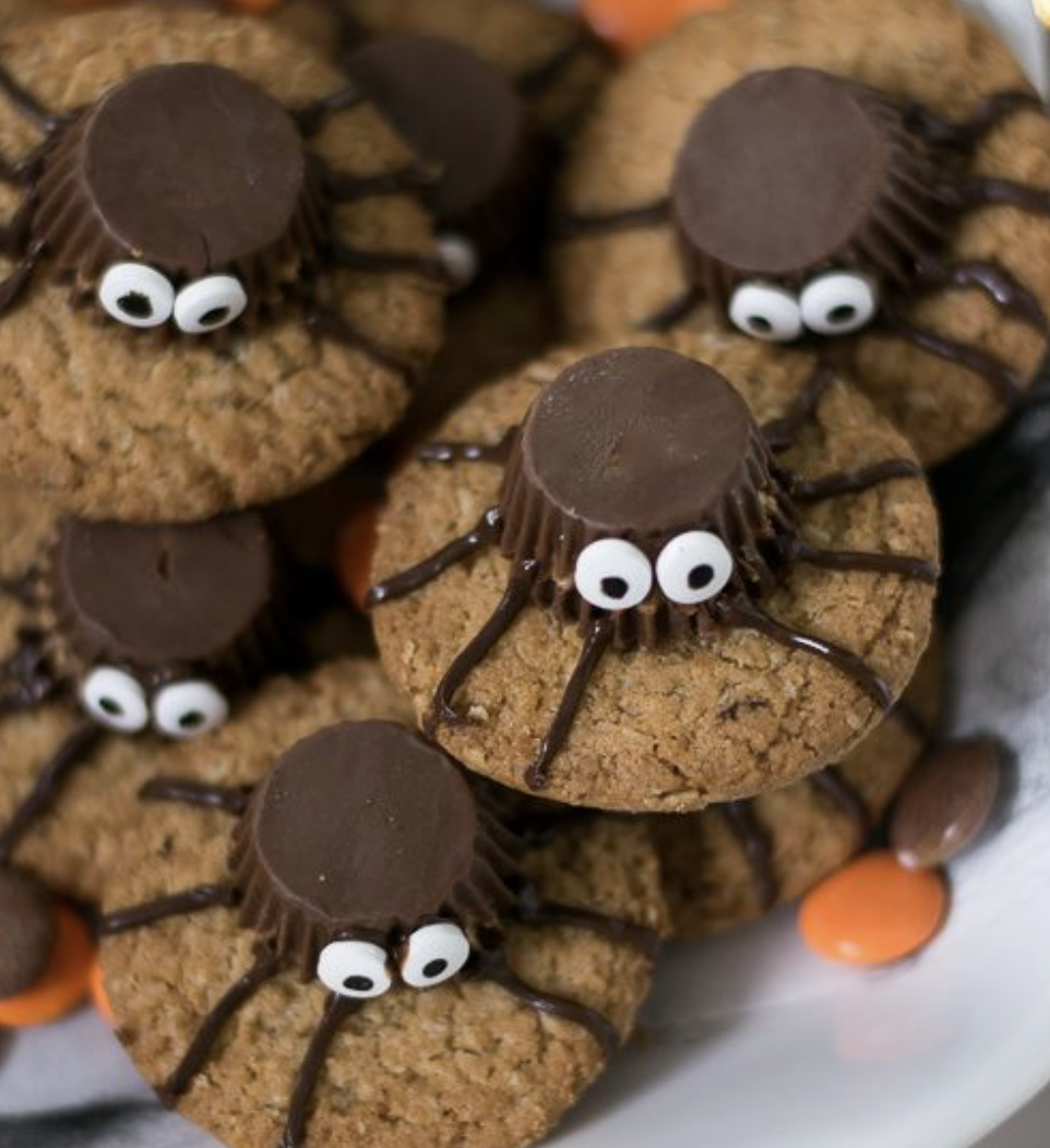 Spider cookies with chocolate candy bodies for Halloween