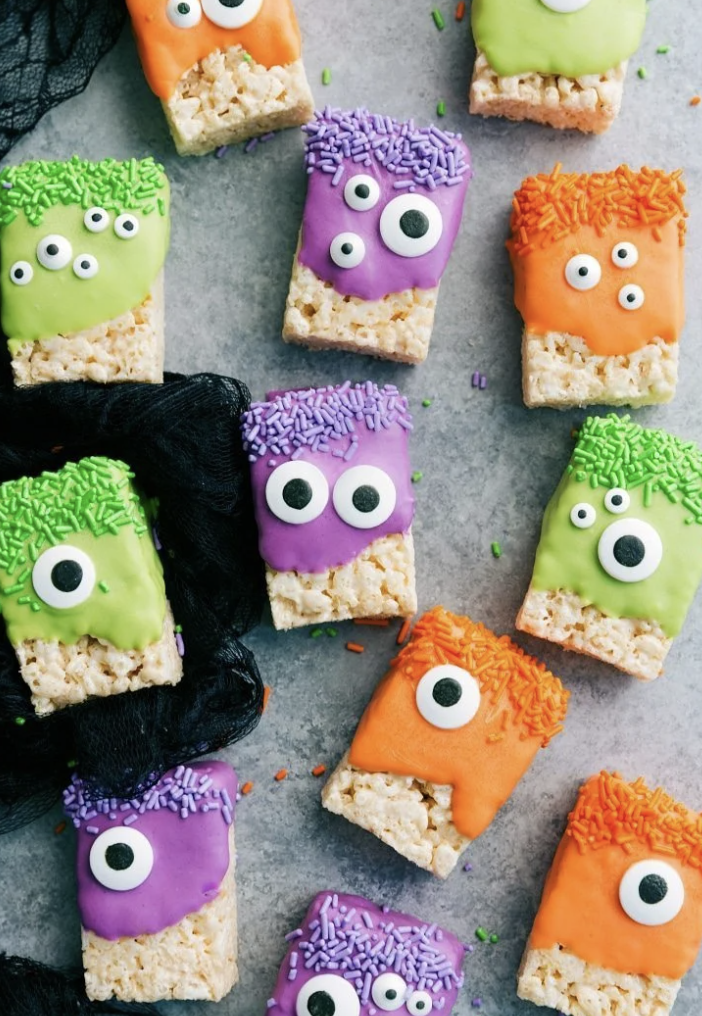 Monster Rice Krispie treats with candy eyes
