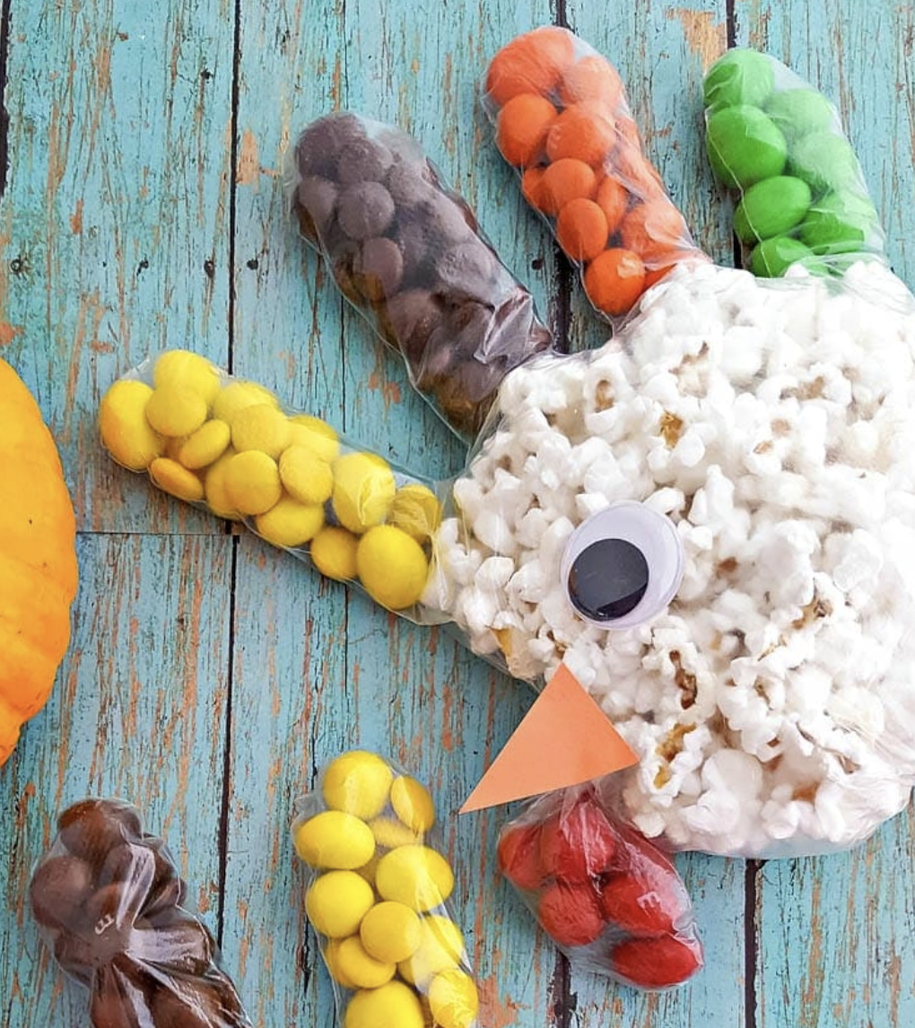 Turkey-shaped Thanksgiving treat bags filled with snacks