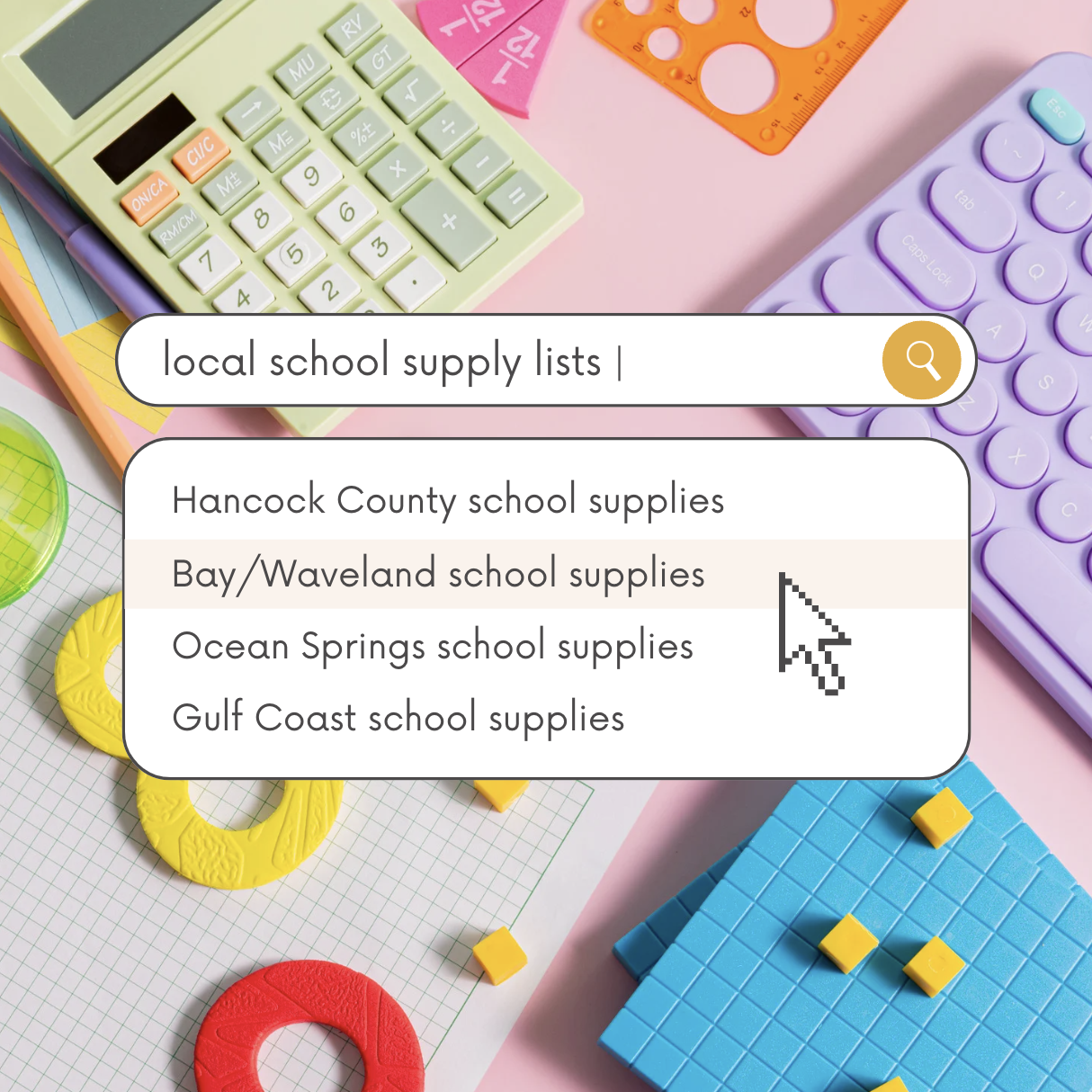 Search bar listing Mississippi Gulf Coast school supply lists
