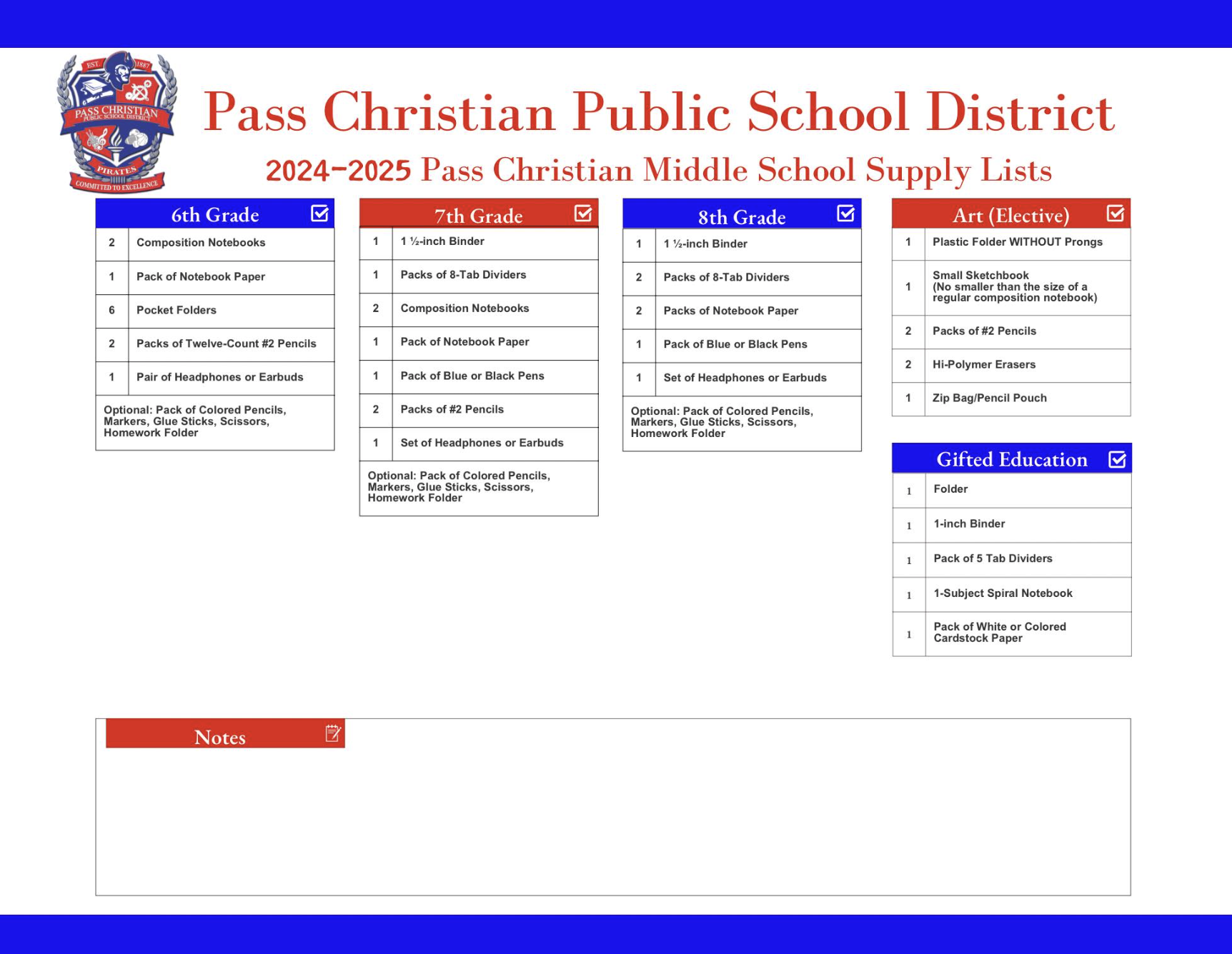 Pass Christian Middle School supply list