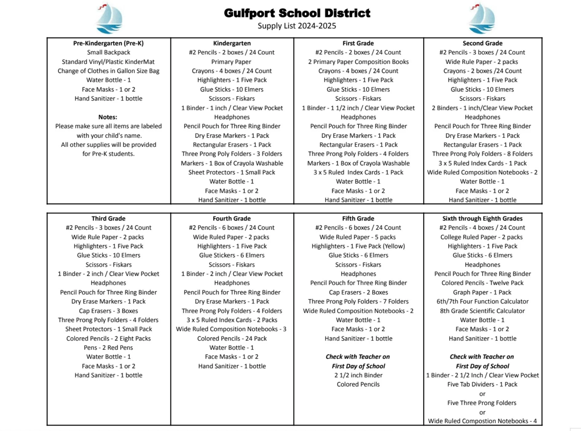 Gulfport School District school supply lists