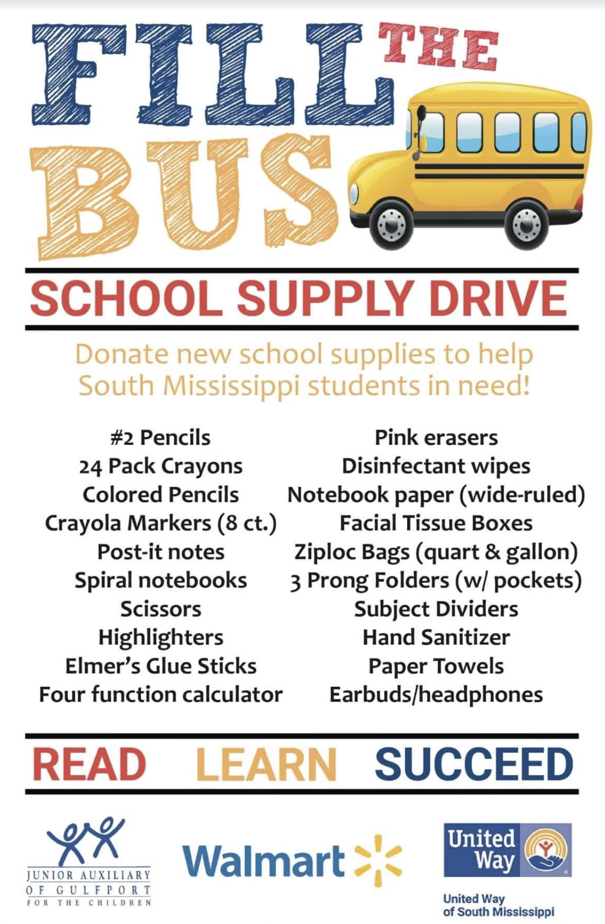 Fill the Bus school supply drive flyer