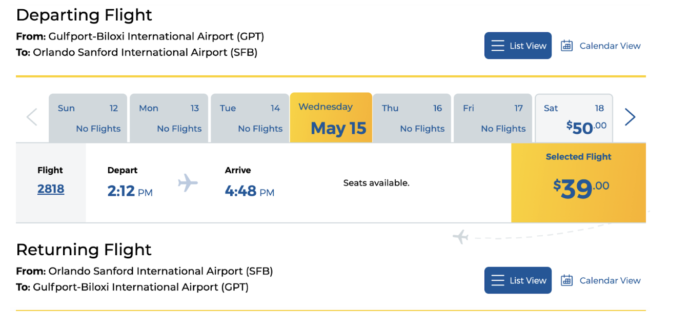 Sample flight search from Gulfport-Biloxi to Orlando