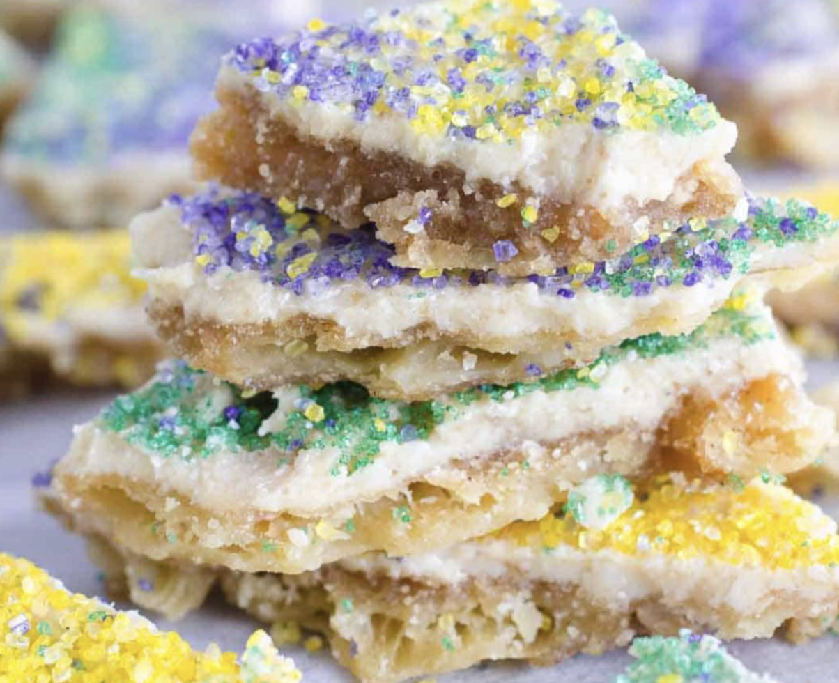 Easy king cake candy bark with purple, green and gold sprinkles