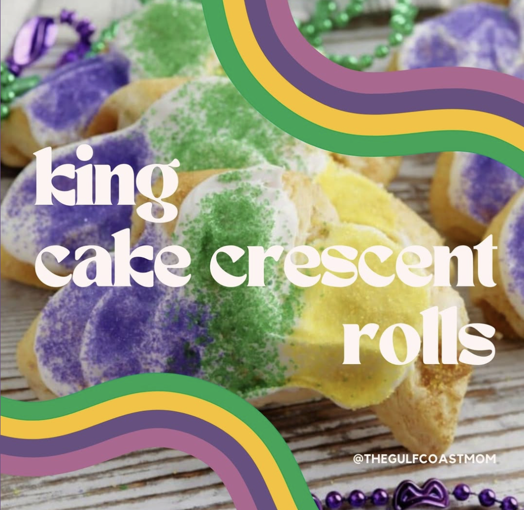 King cake crescent rolls with Mardi Gras sugar