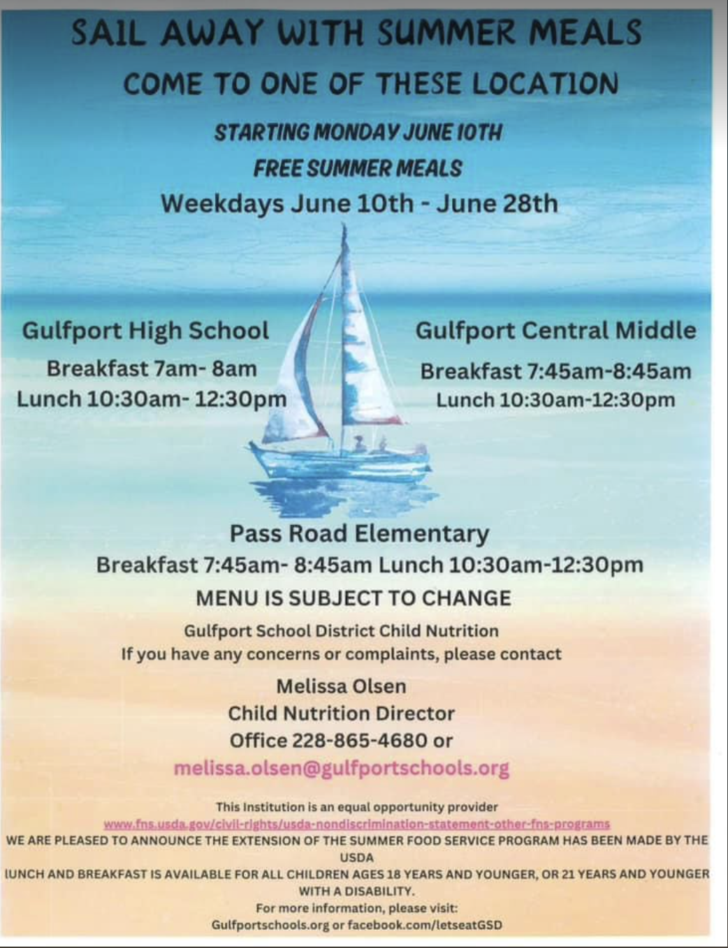 Gulfport School District free summer meals flyer