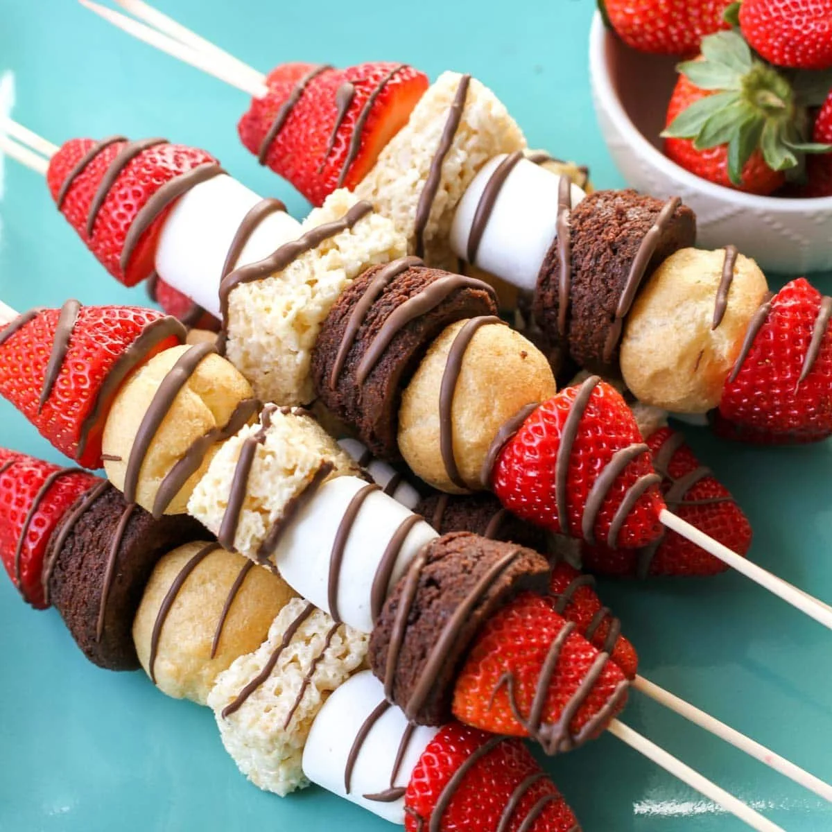 Strawberry, marshmallow and brownie dessert kabobs