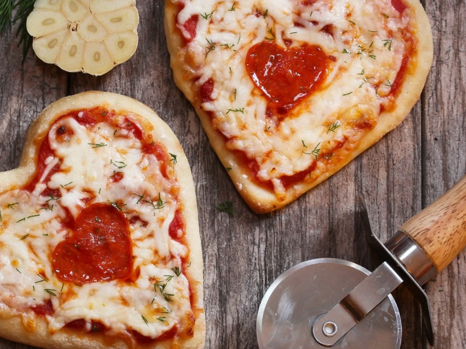 Heart-shaped homemade pizzas