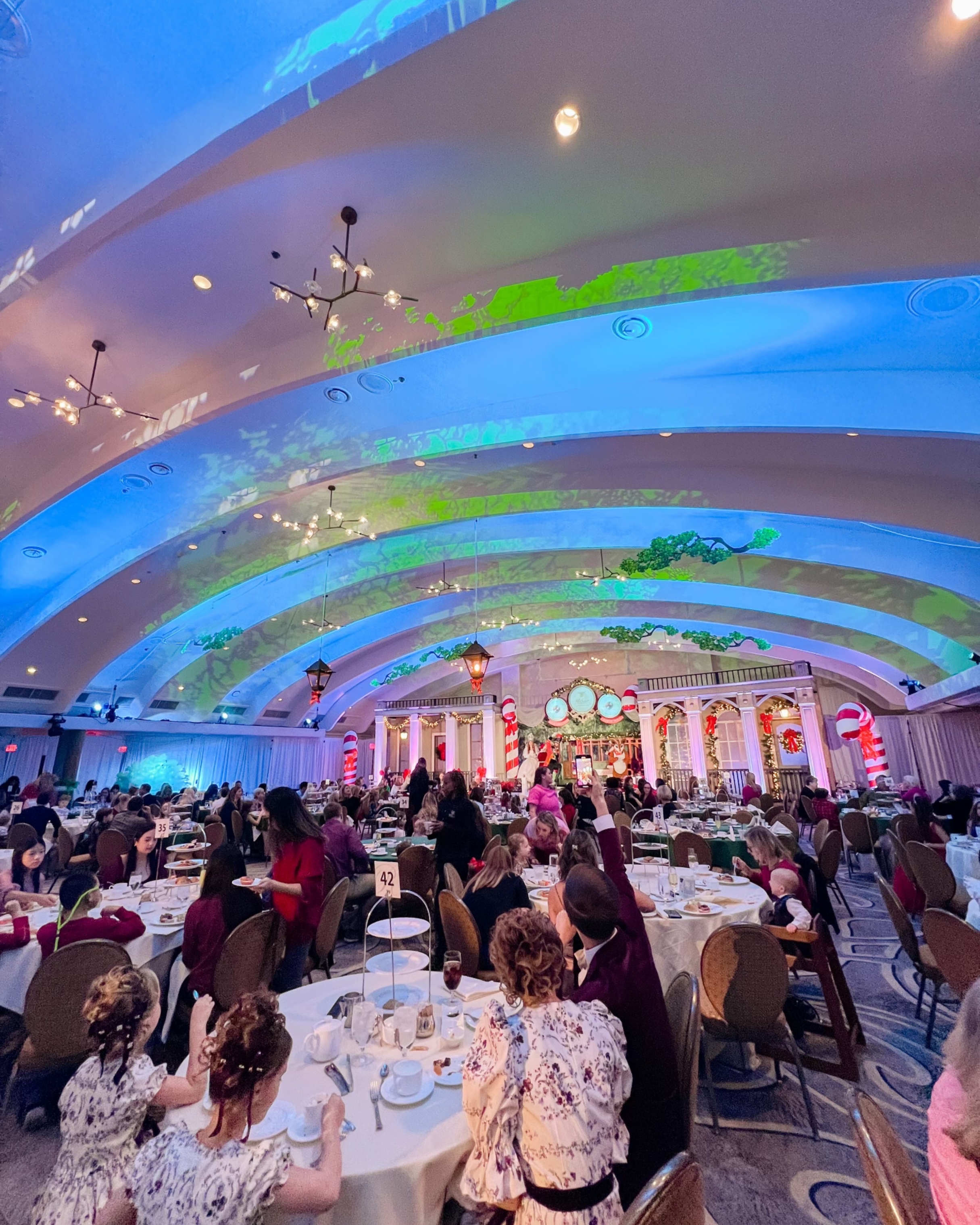 Ballroom decorated for the holiday teddy bear tea