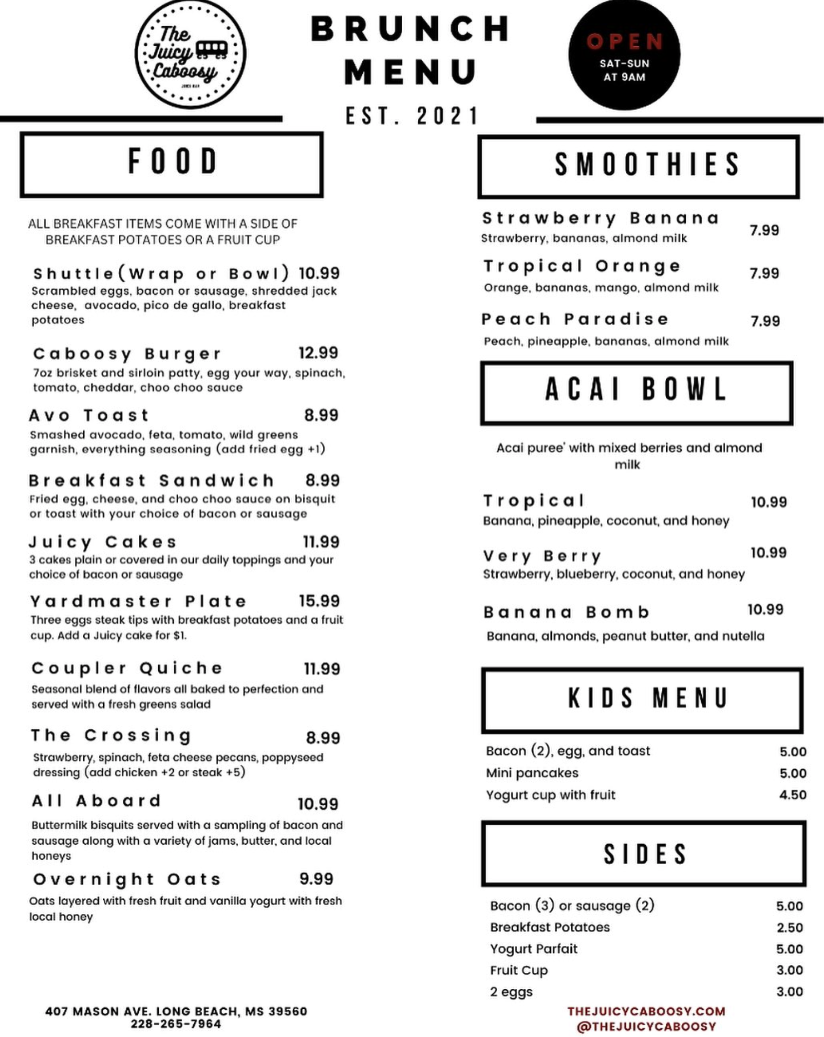 The Juicy Caboosy brunch menu