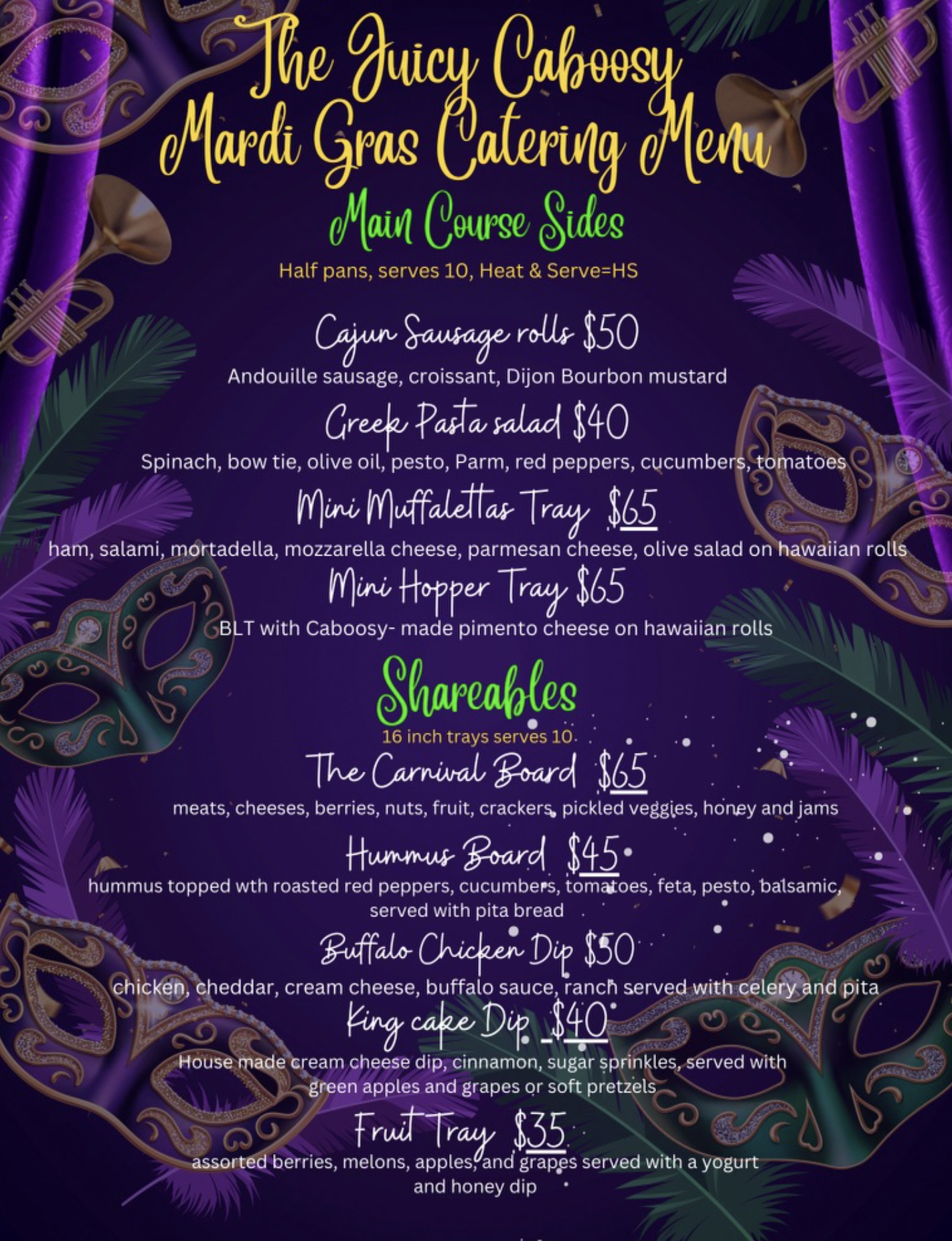 The Juicy Caboosy Mardi Gras catering menu