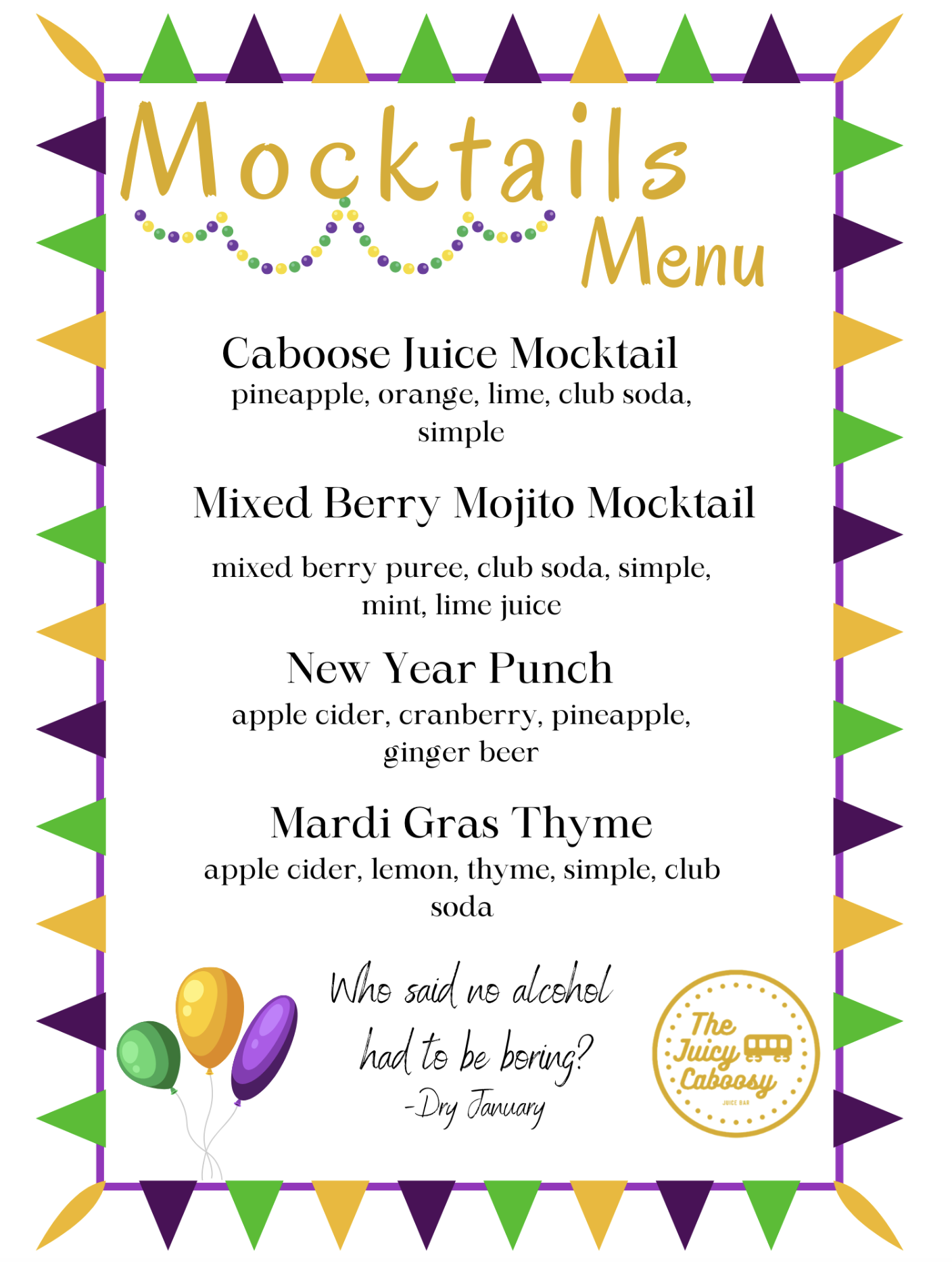The Juicy Caboosy mocktails menu