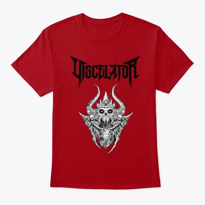 Red T-shirt with black text reading 'VISCULATOR' and a graphic of a demonic face with horns and skulls.