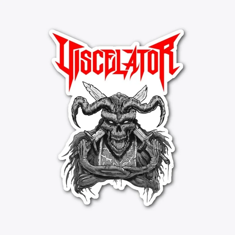 A logo with the word 'UISCLEATOR' in red, stylized gothic font at the top, and a black and white illustration of a demonic creature with a skull face, large curled horns, and crossed swords behind its head, downward-facing.