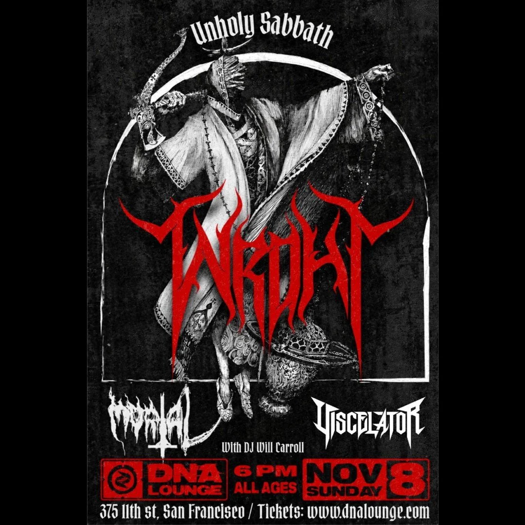 A black and white illustration of a skeleton wearing robes and a headdress, holding a scythe, with red and white text promoting a heavy metal concert at DNA Lounge in San Francisco on November 8, featuring bands Unholy Sabbath, Wraith, and Discigator.