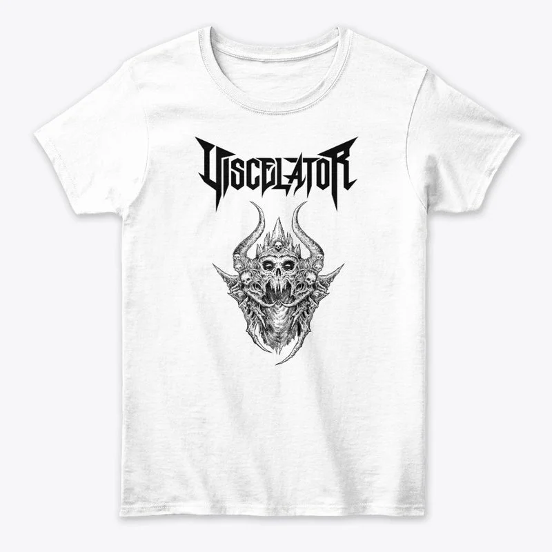 White T-shirt with black graphic design featuring a demon-like creature with horns, skulls, and a menacing face, and the word "Viceglator" written above in a stylized, jagged font.