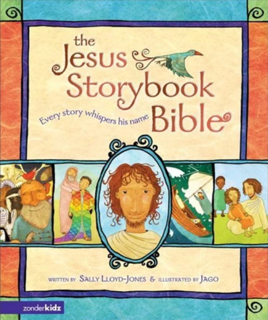 Book cover for The Jesus Storybook Bible by Sally Lloyd-Jones, illustrated by Jago, featuring Jesus and biblical scenes.