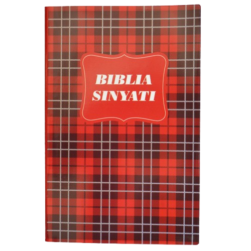 Red plaid-covered Bible with a label reading “Biblia Sinyati”