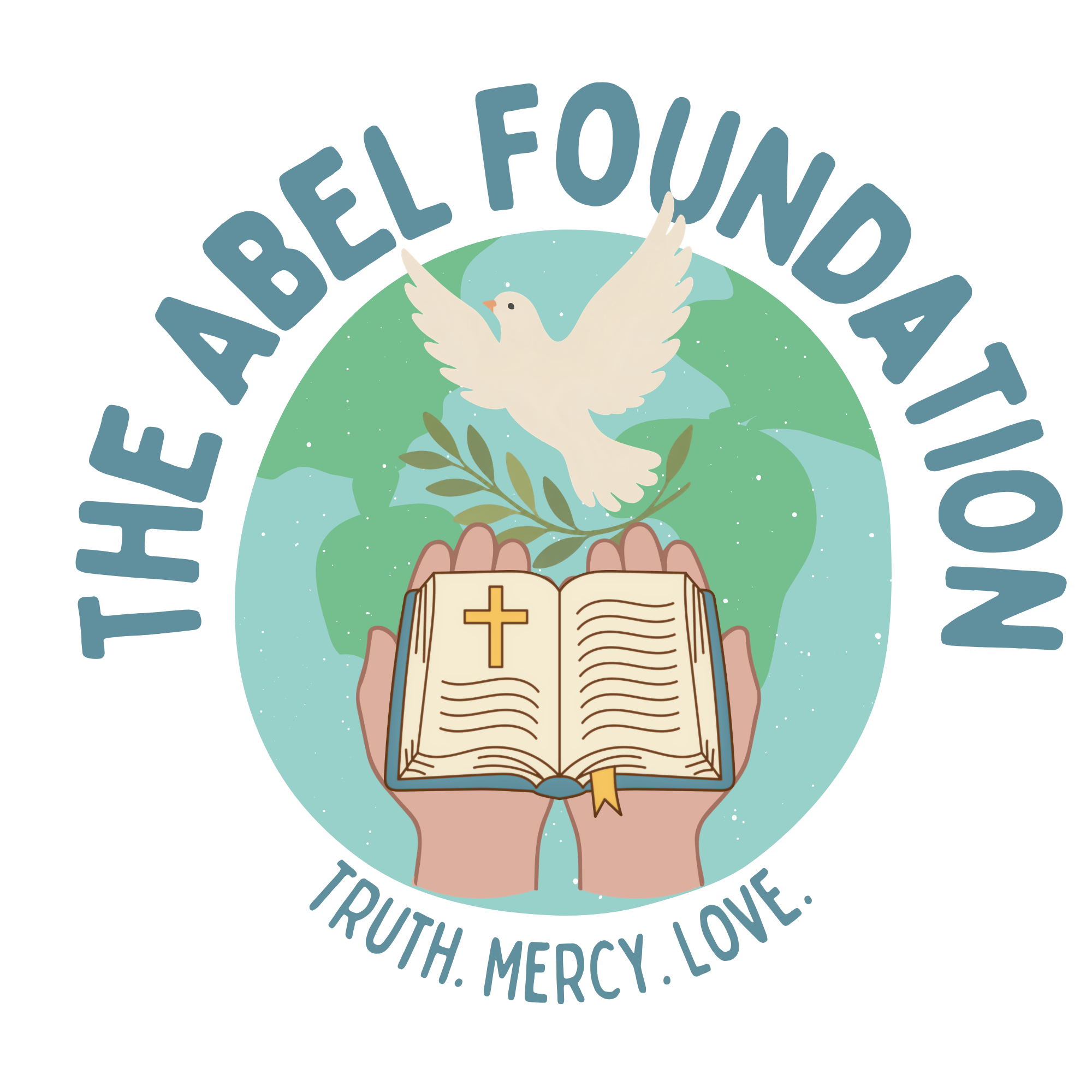 Illustration of hands holding an open Bible with a cross, dove, and leafy branches against a green background