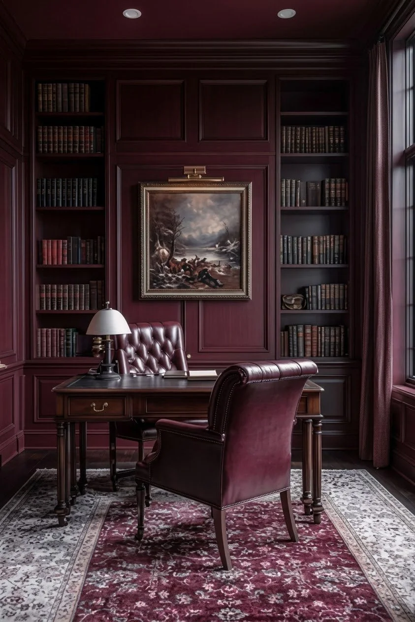 A luxurious study with dark red wooden walls, a matching leather armchair and desk, bookshelves filled with leather-bound books, a framed painting of a stormy landscape, a white desk lamp, a window with red curtains, and a patterned area rug.