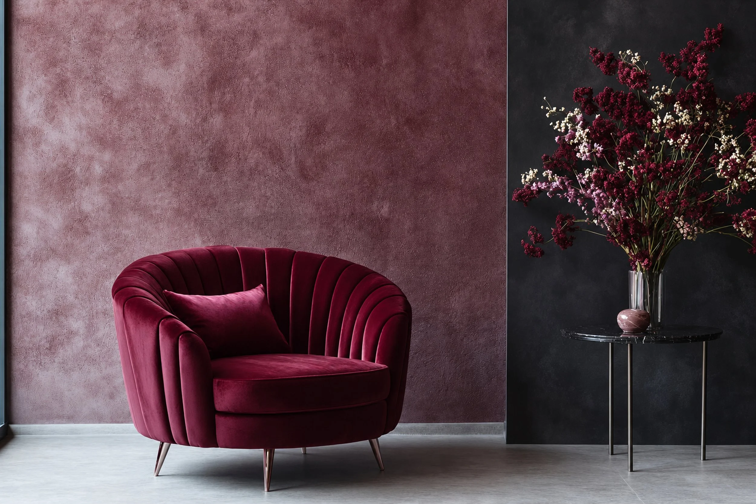 A burgundy velvet armchair with a curved backrest and metal legs sits in front of a textured pink wall. To the right, a black side table holds a large vase filled with burgundy, pink, and white flowers against a dark background wall.