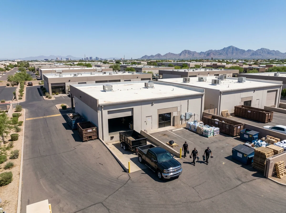 Aerial view of an industrial business park with warehouses, delivery vehicles, dumpsters, workers, and mountains in the background.