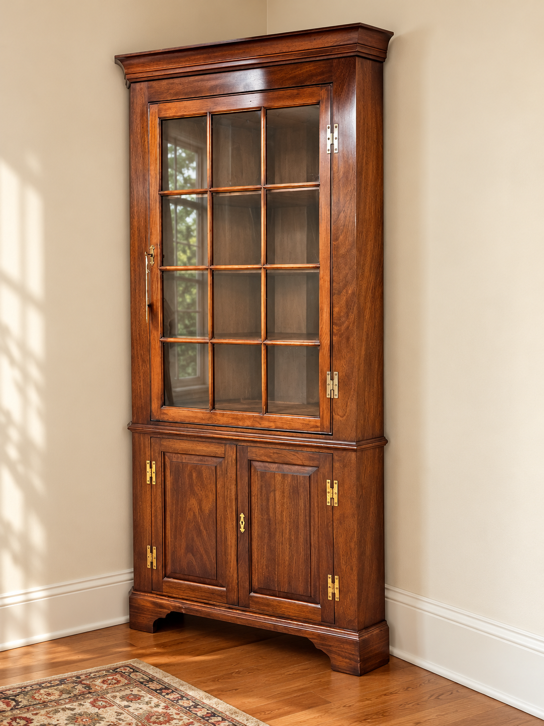 HENKEL HARRIS CORNER CABINET MAHOGANY 12 PANES