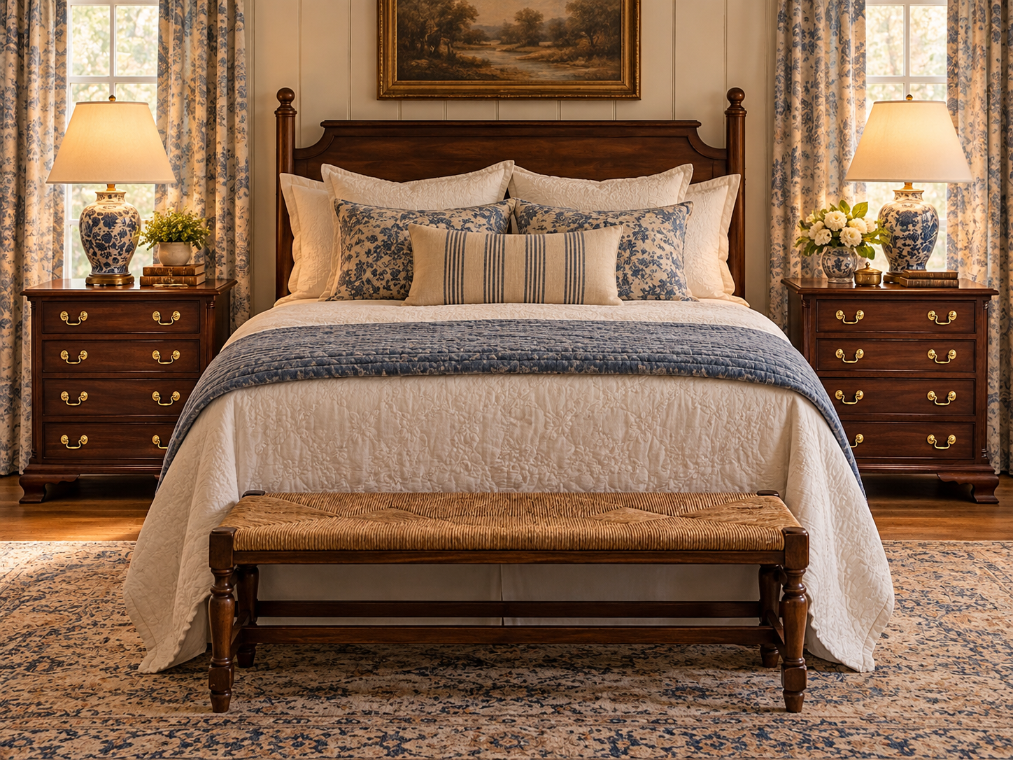 Matching Pair of Dark Wood 4-Drawer Nightstands with Brass Hardware