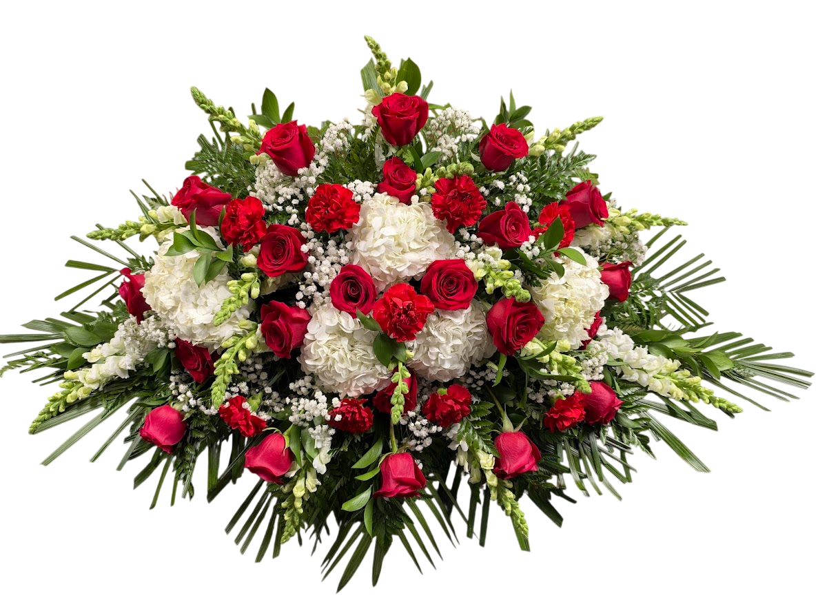 Casket spray with red roses and white hydrangea