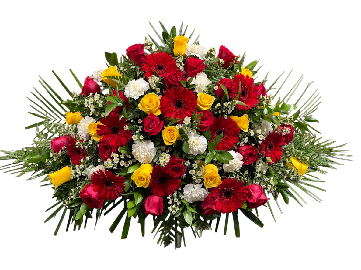 Red, white, and yellow casket spray