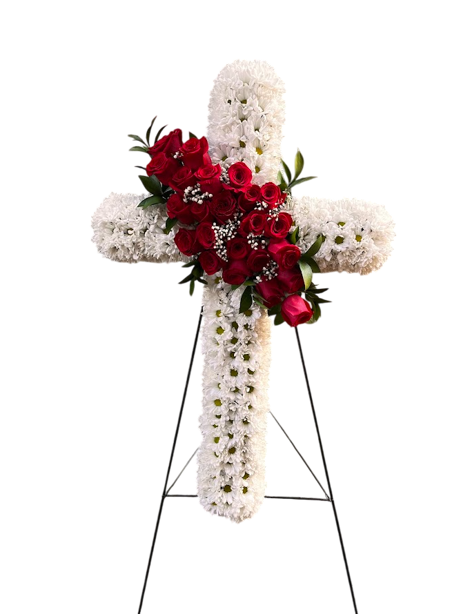 White mum cross with red rose sash