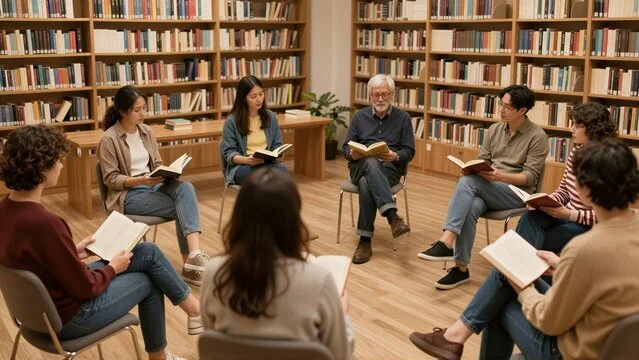 Diverse book club meeting in a library with people sitting in a circle and reading books