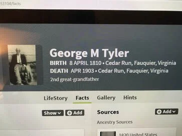 Genealogy profile page for George M. Tyler, born April 8, 1810, in Cedar Run, Fauquier, Virginia, and died April 1903.