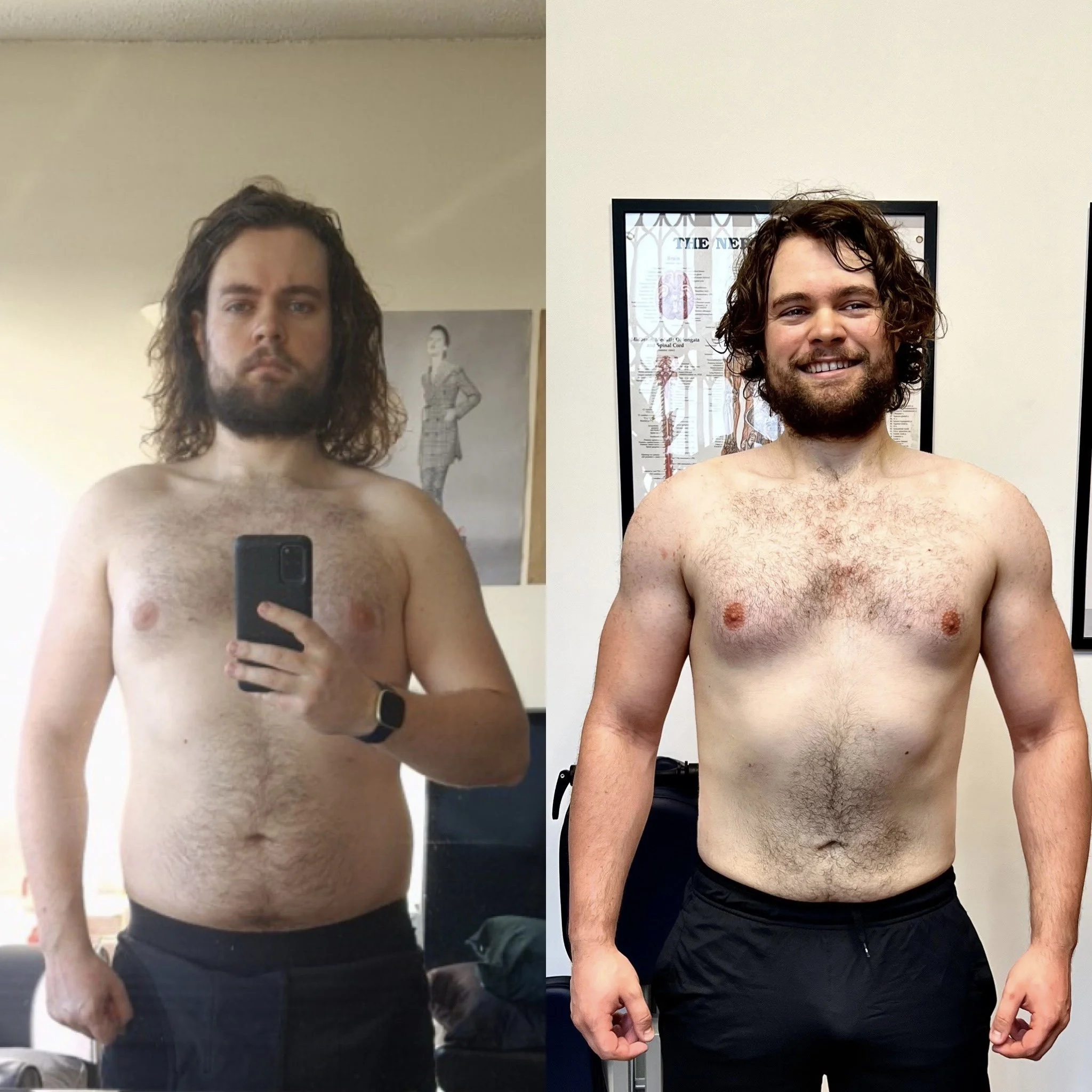 A side-by-side comparison of a shirtless man with long hair and a beard before and after a workout, showing increased muscle definition and chest hair.