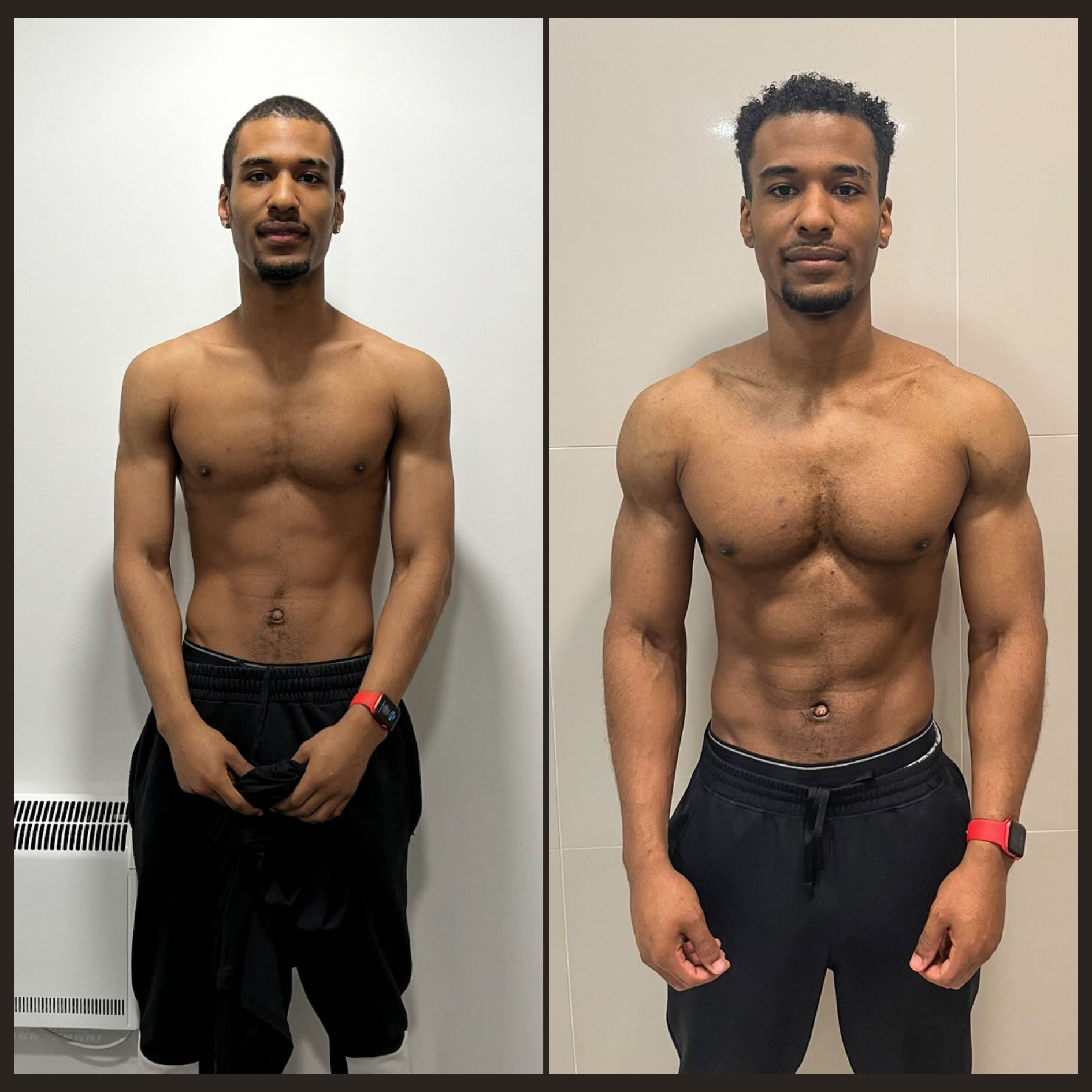 Side-by-side before and after photos of a shirtless man with medium skin tone, short dark hair, and a goatee, showing physical transformation and muscle development.