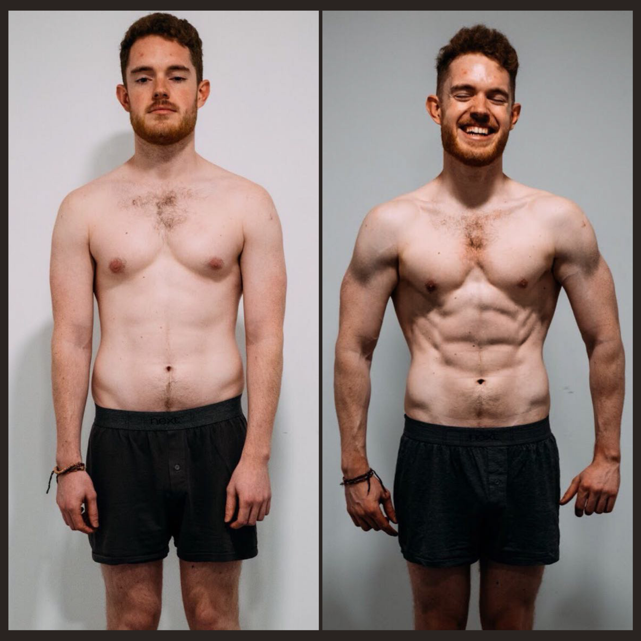 A side-by-side comparison of a shirtless young man with reddish-brown hair and beard, showing him with a neutral expression on the left and smiling with closed eyes on the right. He is wearing black shorts and black wristbands on each wrist, standing against a plain gray background.