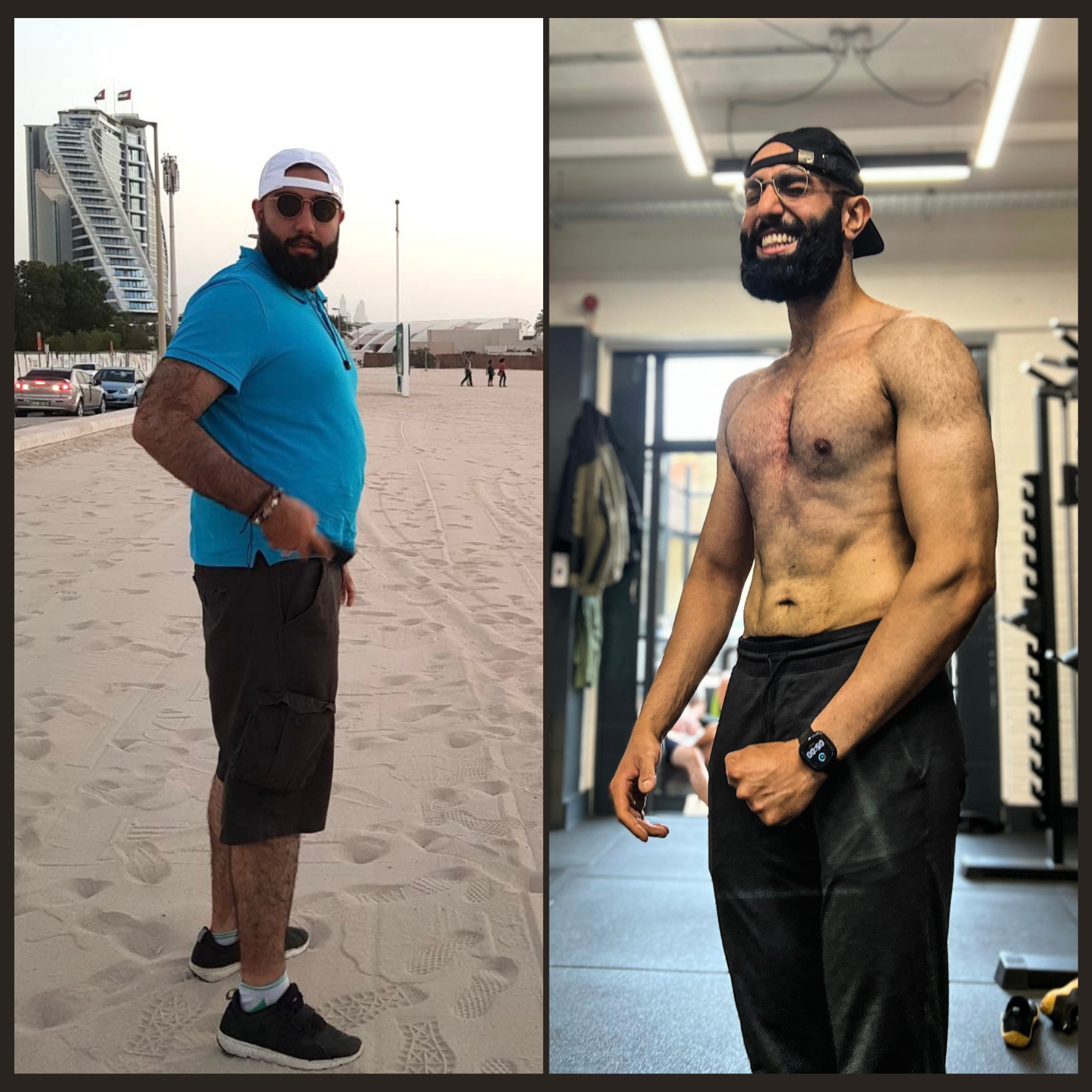 Side-by-side images of bearded men. The man on the left wears sunglasses, a white cap backwards, a blue t-shirt, black shorts, and sneakers, standing outdoors on sand near a cityscape. The man on the right is shirtless, wearing sunglasses and a backward black cap, inside a gym with fitness equipment and weights, smiling.