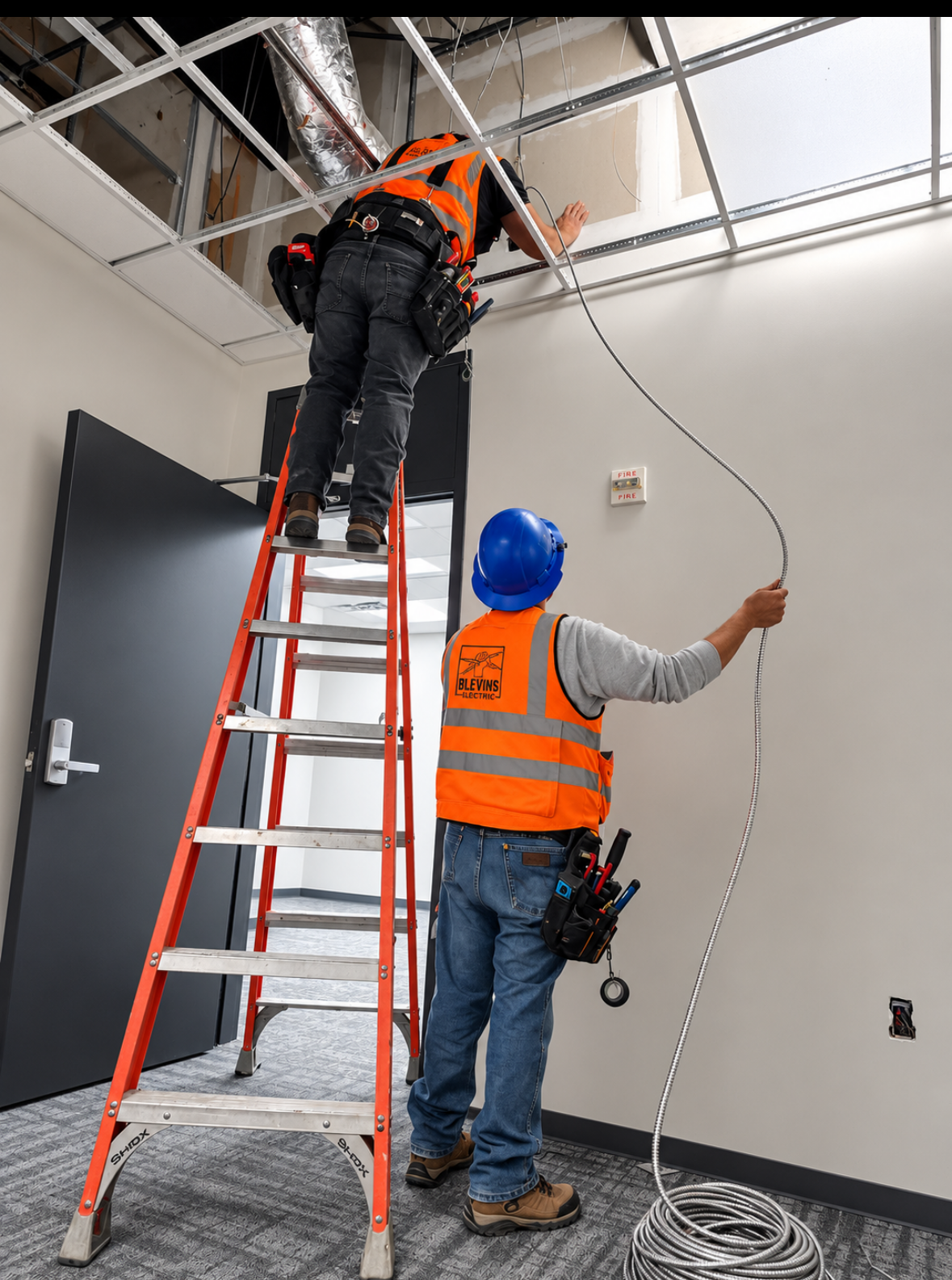 Two electricians in safety gear installing electrical wiring above a suspended ceiling, with one on an orange ladder.