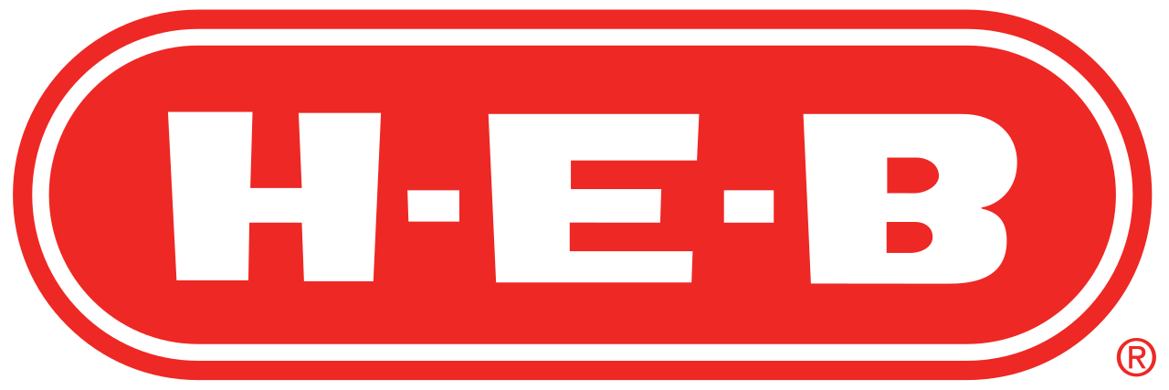 Red rounded rectangular H-E-B logo with white lettering and registered trademark symbol