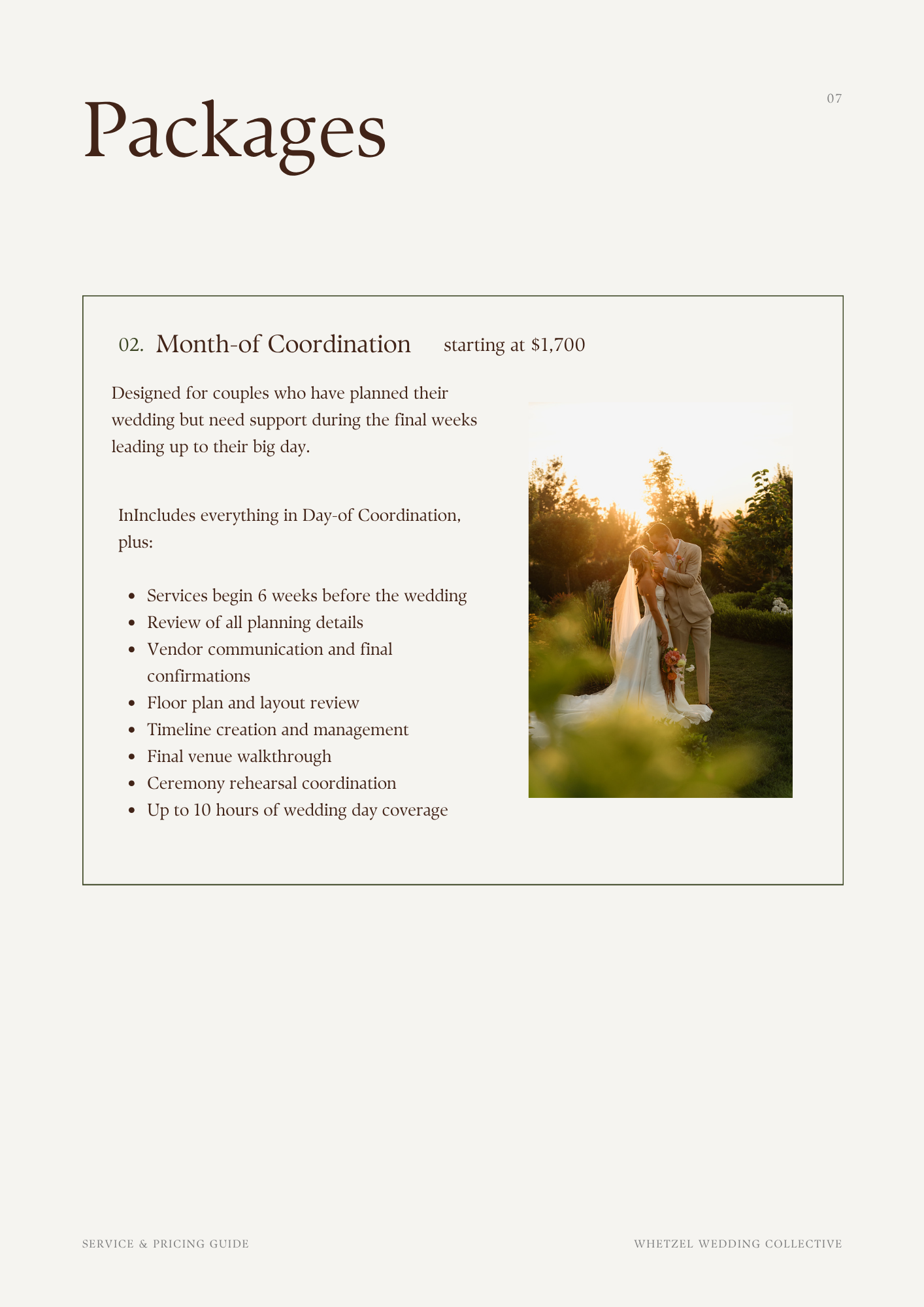 Wedding planning service pricing guide page featuring a Month-of Coordination package and a bride and groom embracing outdoors at sunset