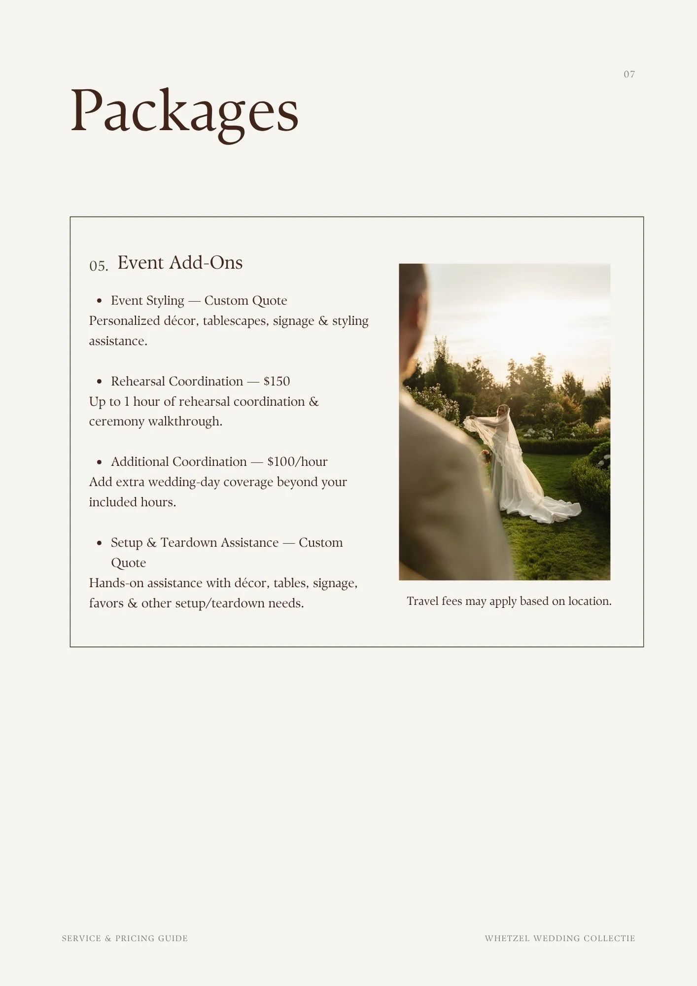 Wedding photography service pricing guide page listing event add-ons, including styling, rehearsal coordination, additional coverage, and setup assistance, alongside a bride in a garden.
