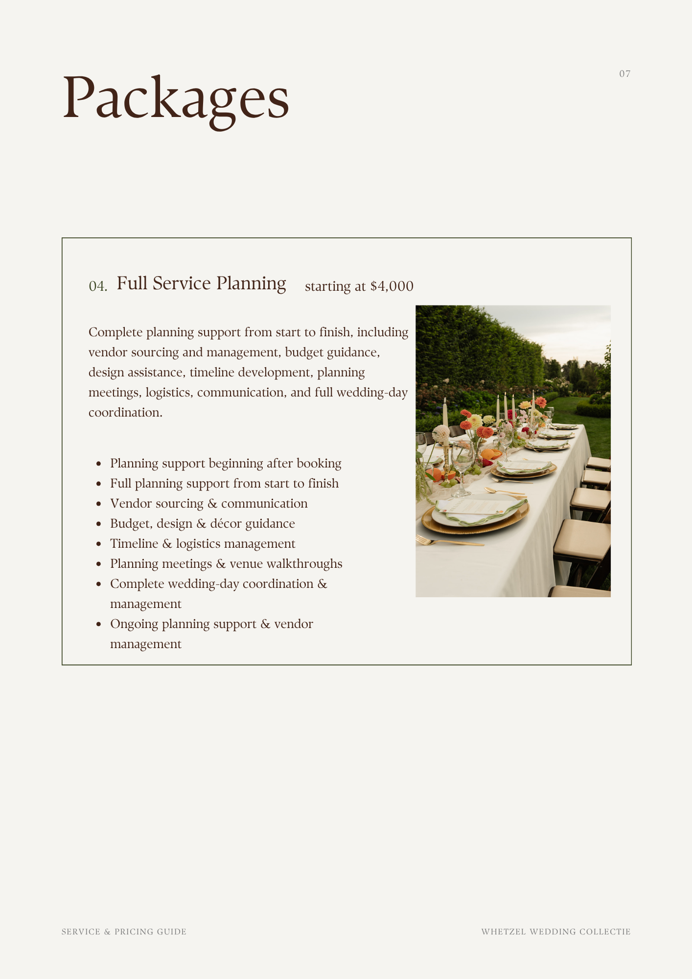 Wedding planning service pricing guide page featuring a garden reception table with floral centerpieces, candles, place settings, and chairs.
