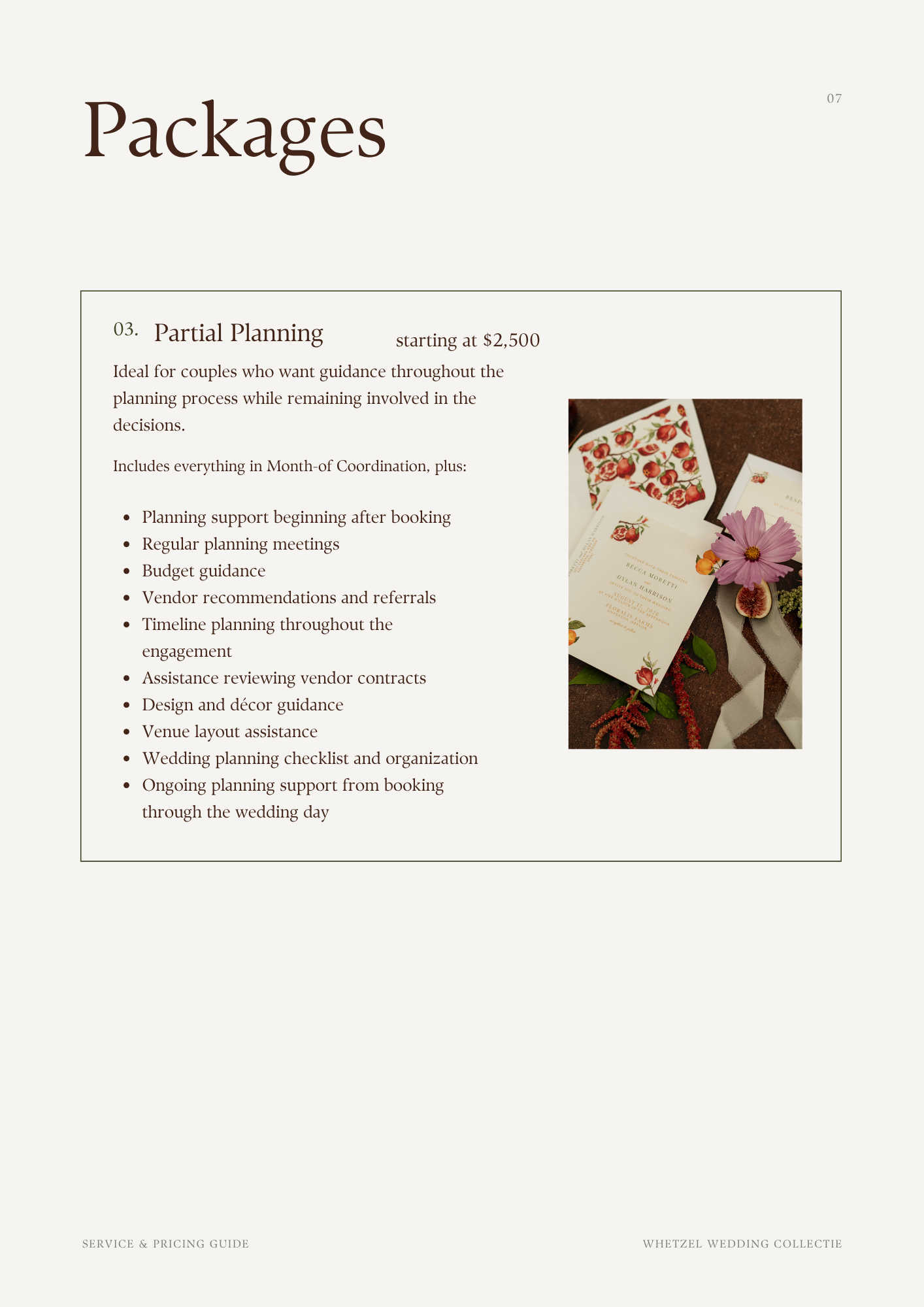 Wedding planning service pricing guide page featuring Partial Planning package details and a floral wedding invitation photograph