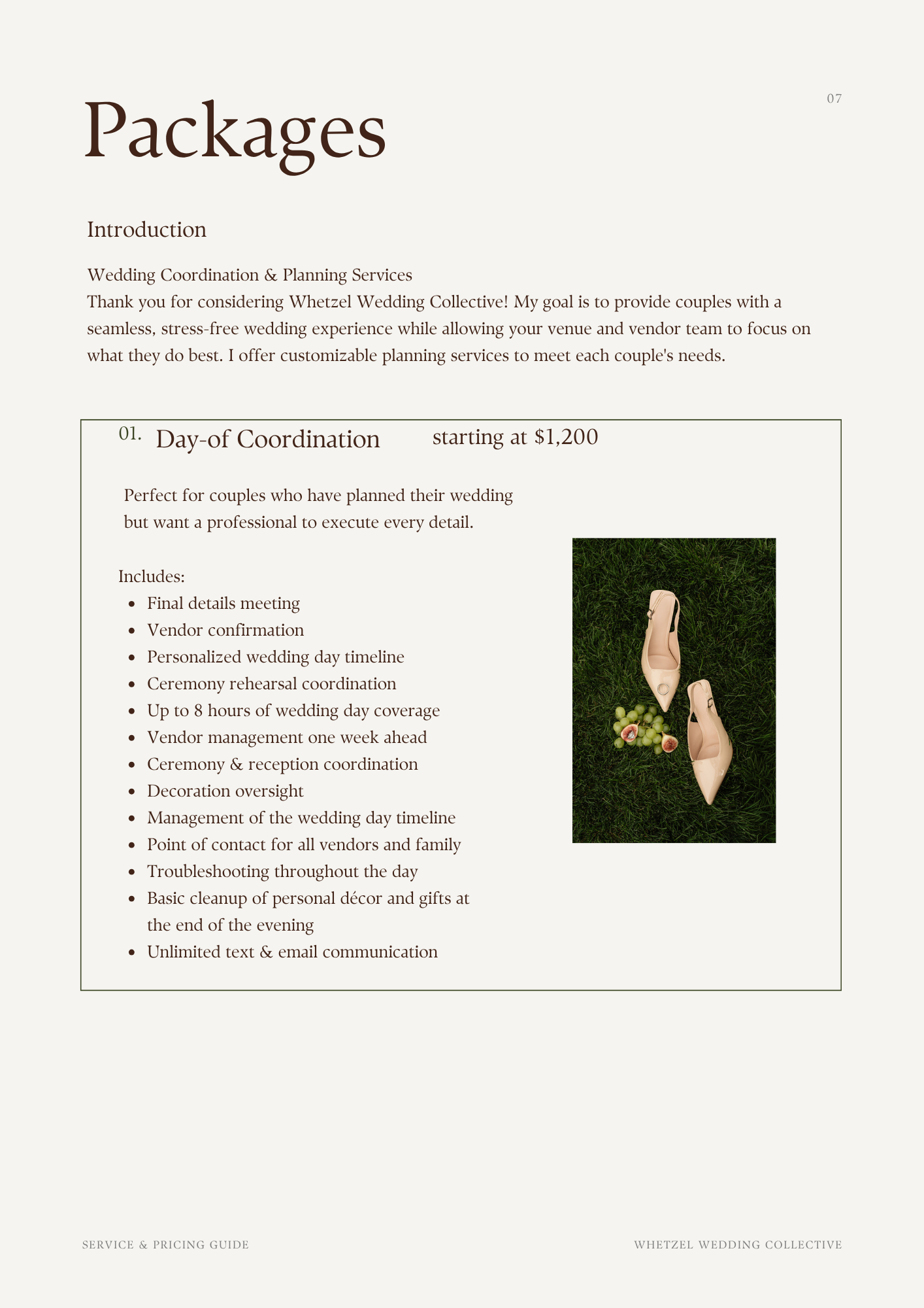 Wedding coordination and planning service pricing guide page featuring day-of coordination details and beige wedding shoes on grass with grapes and figs