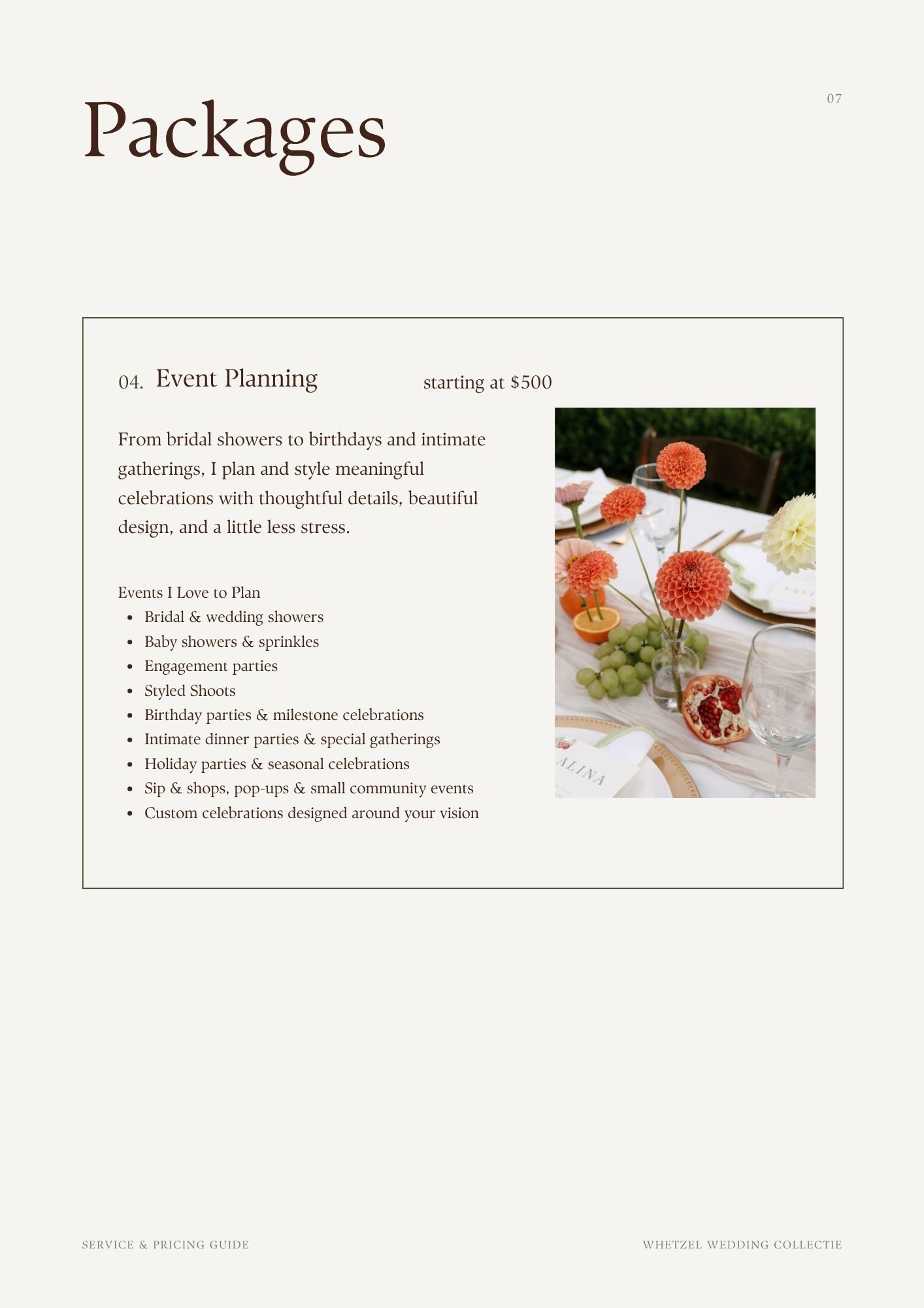 Event planning service and pricing guide featuring a styled tablescape with orange and white flowers, fruit, place settings, and glassware.