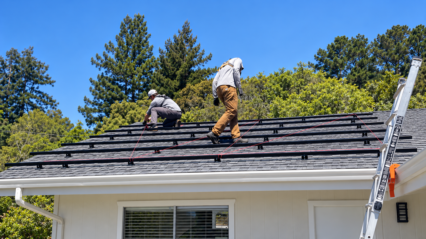 Solar installation in progress, with two installers working on roof-mounted racking above a residential home.