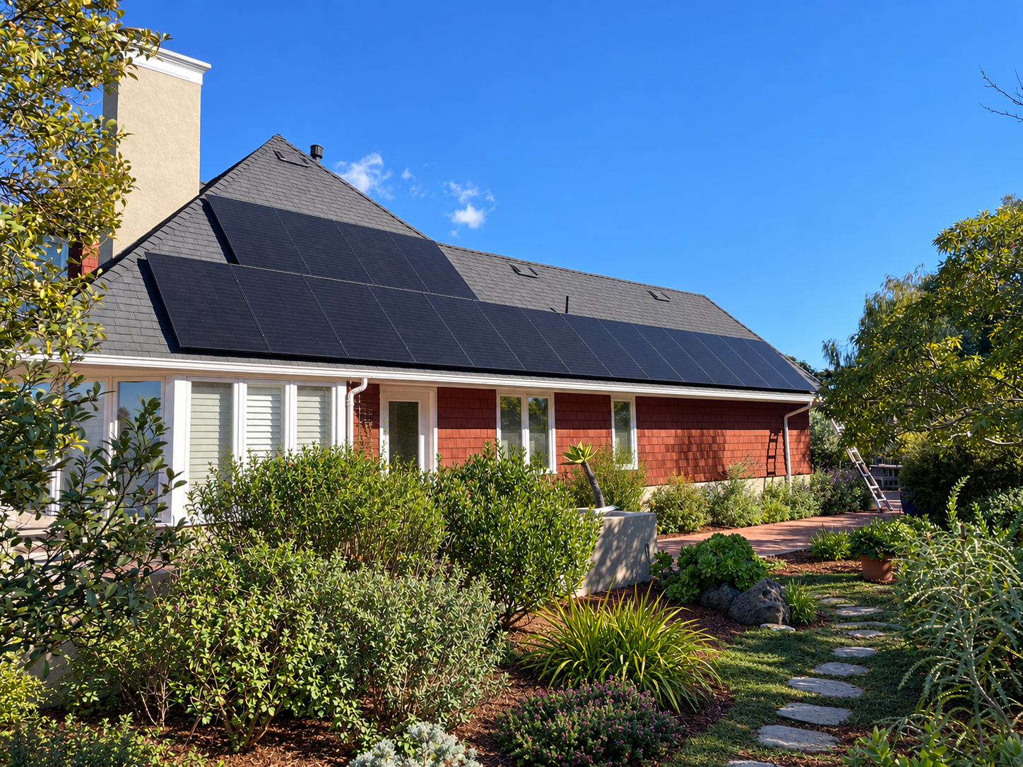 Arrow Energy rooftop solar installation on a red wood-sided home with a landscaped garden under a blue sky.